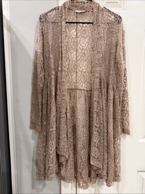 Pretty Young Thing Sheer Lace Open-Front Blazer Jacket in Taupe